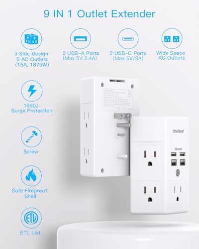 Maximize Power Efficiency with Our 5-Outlet Surge Protector and 4-Port USB Charger – Wall-Mountable Power Strip with 1680 Joules Protection for Home and Office Use, Featuring Fast USB C PD 20 W Charging for All Devices, Ideal Multi-Plug Adapter for an Organized Workspace