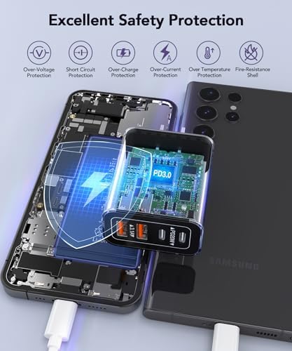 40 W USB C Multi-Device Fast Charger – 4-Port Power Adapter for i Phone & Samsung – Sleek Black Compact Travel Charger with Dual PD & QC Technology for Efficient Home and On-the-Go Charging Solutions – Perfect for Busy Professionals and Families