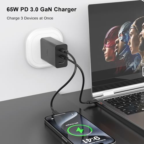 Next-Gen 65 W USB C Fast Charger with 3 Ports and 6 ft Type C Cable – Ga N Technology for Rapid Power Delivery Compatible with i Phone 15 Series, Mac Book Pro/Air, i Pad Pro, Galaxy S23/S22 – Ultimate Multi-Device Charging Solution for Home and Travel