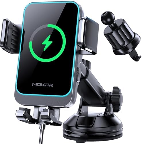 MOKPR Wireless Car Charger – 15 W/10 W/7.5 W Auto-Clamping Cup Holder Phone Mount for i Phone & Samsung – Fast Charging Car Mount with Enhanced Compatibility for Seamless Navigation & Calls – Durable, Convenient, and Safe Charging Solution for Busy Lifestyles