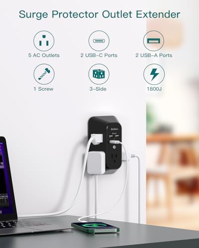 Addtam 5-Outlet Surge Protector with 4 USB Fast Charging Ports – Versatile Outlet Extender Power Strip for Home and Dorm Room Use, Enhanced Safety Features with Built-in Surge Protection, Compact Design for Easy Travel and Maximum Device Compatibility