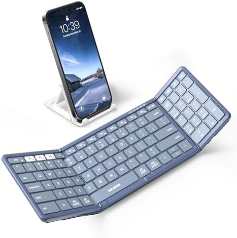 Samsers Wireless Foldable Bluetooth Keyboard with Numeric Keypad – Multi-Device Support for i OS, Android, Windows & Mac – Portable Travel-Friendly Design in Premium PU Leather, Effortless Typing Anywhere!