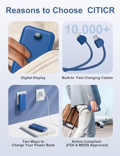 Ultra-Fast Portable Phone Charger with 12000 m Ah Capacity – All-in-One Power Bank with Integrated Cables, Wall Plug, and LED Display for i Phone, i Pad, Samsung – Essential Travel Companion for Uninterrupted Connectivity