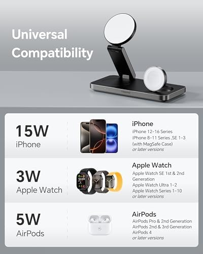 Ultimate 3-in-1 Foldable Wireless Charging Station for Apple Devices – Magnetic Mag Safe Stand for i Phone 12-16, Apple Watch, and Air Pods (Sleek Black) – Fast, Space-Saving, and Stylish Charging Solution
