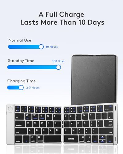 Samsers Portable Foldable Bluetooth Keyboard – Ultra Slim Wireless Keyboard with Stand for i OS, Android & Windows Devices – Rechargeable Multi-Device Travel Keyboard for Effortless Typing on the Go – Sleek Black Design