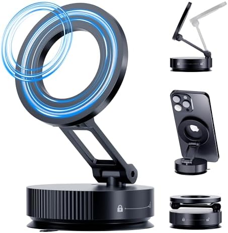 360° Adjustable Magnetic Phone Holder, Metal Suction Cup Phone Mount, Vacuum Magnetic Phone Holder, Foldable Phone Mount for Your Car/Bathroom/Gym/Mirror, for All Smartphones & All Car Models – Enhanced Compatibility and Speed