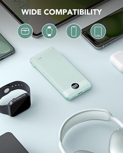 VRURC 10000 m Ah Portable Charger with Built-in Cables & AC Plug – Lightweight USB-C Power Bank for Effortless Device Charging on the Go – Stylish Green External Battery for Smartphones and Tablets – Ultimate Travel Companion for Uninterrupted Connectivity and Enhanced Compatibility