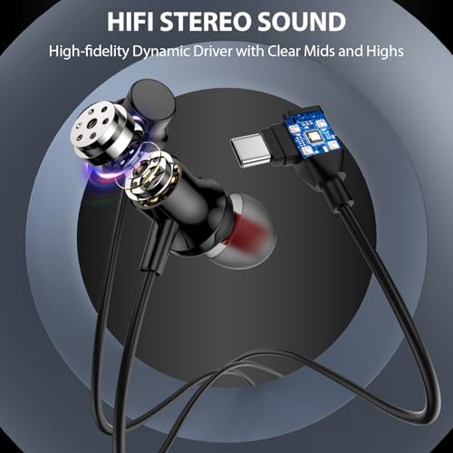 Premium Wired USB C Earbuds for i Phone 16 Pro Max, Samsung Galaxy S25 & Google Pixel – Ergonomic Noise Cancelling Earphones with Hi-Fi Sound Quality, Integrated Volume Control & Right Angle Plug for Comfort – Perfect for Music Lovers & Professionals on the Go