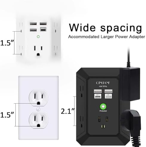 QINLIANF 5-Outlet USB Wall Charger with Surge Protection – 4 USB Ports (4.8 A Total) Power Strip Extender, 3-Sided Design for Easy Access, 1680 J Surge Defense, Compact Multi-Plug Adapter for Home, Travel, and Office Use – Elevate Your Charging Experience with Versatile Compatibility and Safety
