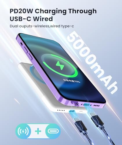 Ultra-Slim 5000 m Ah Magnetic Power Bank – Lightweight Portable Charger with 20 W Fast PD Charging for i Phone 12-16 Pro Max & Air Pods Pro II – Reliable Travel Battery Solution for On-the-Go Power Needs