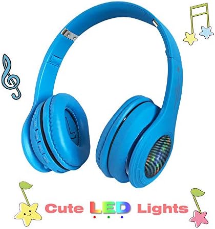 Vibrant Kids Bluetooth Wireless Headphones – LED Light-Up Design for Fun Audio Adventures | Volume-Limiting for Safe Listening at 85 d B | Foldable & Portable with Built-in Mic, FM Radio, Micro SD Support – Ideal for Tablets, Phones, and PCs (Blue) – Unleash the Joy of Sound with Safety and Style