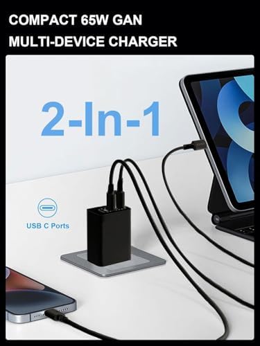 Maximize Your Charging Potential with the 65 W Ga N USB C Wall Charger – Compact Dual Type C Fast Charging Station for Mac Book Pro/Air, i Phone 8-16, i Pad Pro/Air, Apple Watch & Galaxy S20-24 – Lightweight, Foldable Design with Superior Safety Technology for Home & Travel Efficiency