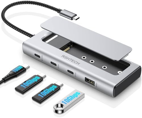 Transform Your Workspace with RSHTECH 5-in-1 USB C Hub: Lightning-Fast 10 Gbps Data Transfer, M.2 NVMe/SATA SSD Enclosure, and 100 W Power Delivery for Mac Books and Laptops – Sleek Aluminum Design for Ultimate Portability and Compatibility