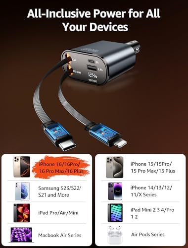 Ultimate 4-in-1 Retractable Car Charger – 84 W Fast Charging USB-C Adapter for i Phone 16, Galaxy, Pixel – 3.9 FT Extended Cable for Enhanced Flexibility & Universal Compatibility – Essential Car Accessory for Quick Device Charging on the Go