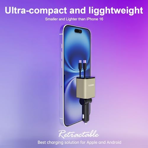 Premium Flexino Compact Retractable Car Charger for i Phone 16 – 69 W Fast Charging with Dual 2.6 ft USB C Cords | Efficient Power Adapter Compatible with i Phone 16/15/14/13/12 Series & Galaxy Devices | Sleek Grey Design for Ultimate Portability and Reduced Cable Clutter