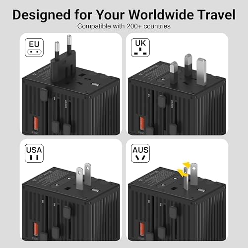 EZQuest 35 W Ga N 5-Port Universal Travel Charger – Compact International Adapter with 4 Plug Types (US/UK/EU/AU) for Global Use – 4 USB-C & 1 USB-A Ports with PD Fast Charging – Lightweight Black Design for Effortless Portability and Device Protection
