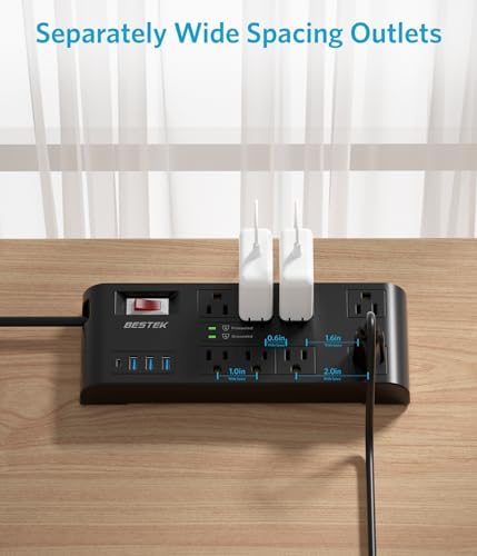BESTEK 8-Outlet Power Strip with 5-Foot Extension Cord: Multi-Port USB Charging Hub Featuring 3 USB-A (2.4 A) & 1 USB-C (3 A) | 1625 W Max Output with 600 Joule Surge Protection for Enhanced Device Safety | Ultra-Compact Design for Home & Office Efficiency