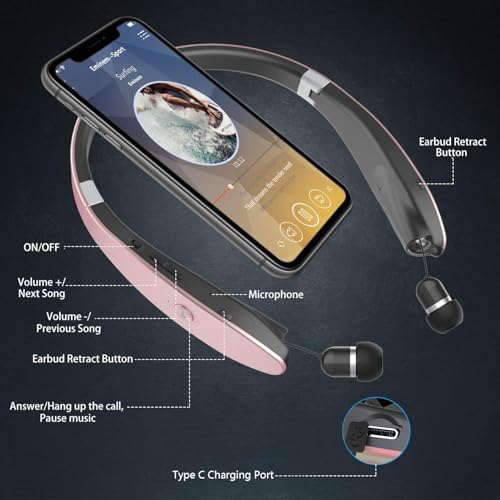 AMORNO Premium Retractable Bluetooth Neckband Headphones – Sweatproof Wireless Earbuds with Advanced Noise Cancellation & Integrated Microphone for Active Lifestyles – Superior Sound Quality & Broad Device Compatibility for Enhanced Listening Adventures