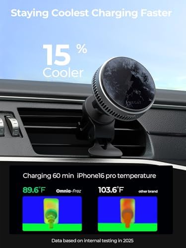 Efficient Magnetic Car Charger with Active Cooling – 15 W Qi2 Fast Charge for Mag Safe Devices – Universal Air Vent Mount for i Phone 16/15/14/13/12 – Optimal Performance & Enhanced Compatibility for Safe Driving