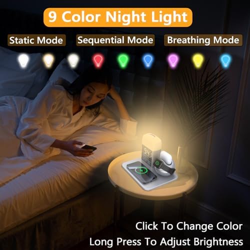 Ultimate 9-in-1 Wireless Charging Station with Integrated Alarm Clock and Night Light – Fast Qi-Certified Docking Solution for Apple Devices with 30 W Ga N Charger and USB Port – Stylish Blue Design for Clutter-Free Bedside Charging