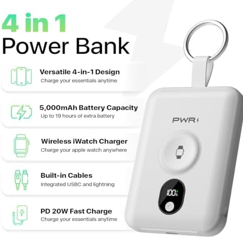Versatile PWR Versa 4 in 1 Portable Charger for Apple Watch – 5000 m Ah Wireless Power Bank with Built-in Cables and Travel Keychain – Fast Charging, Enhanced Device Compatibility, and Durable Design for On-the-Go Power Solutions