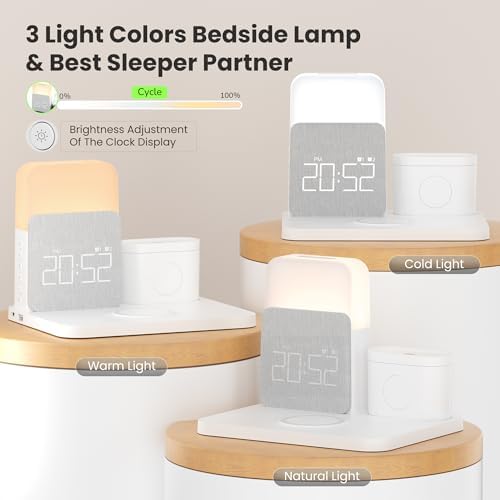 Elevate Your Nightstand with the 7-in-1 Wireless Alarm Clock Charging Station – Fast Mag-Safe Charger for i Phone 12-16 Pro Max, Apple Watch & Air Pods, Features Adjustable Night Light and Sleek Time Display for Ultimate Bedroom Convenience