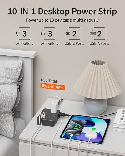 Versatile Surge Protector Power Strip with 6 AC Outlets and 4 Fast-Charging USB Ports – 1050 Joules Surge Protection, 5 FT Wall-Mountable Extension Cord for Home and Office Use – Streamlined Charging Station for All Your Devices
