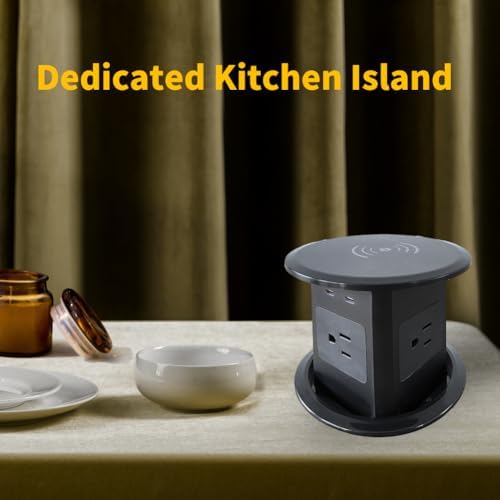 ZESHAN Sleek Pop-Up Power Outlet with 15 W Wireless Charging Station – Dual US Outlets, USB A & USB C PD Fast Charging Ports for Effortless Connectivity at Home or Office – Ideal for Conference Tables and Kitchen Counters, Modern Black Finish