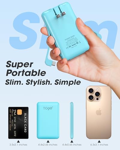 Ultra-Compact TG90° Portable Charger: 5000 m Ah Power Bank with Integrated AC Wall Plug and Triple Output for i Phone and Android Devices – Fast Charging Made Effortless and Convenient