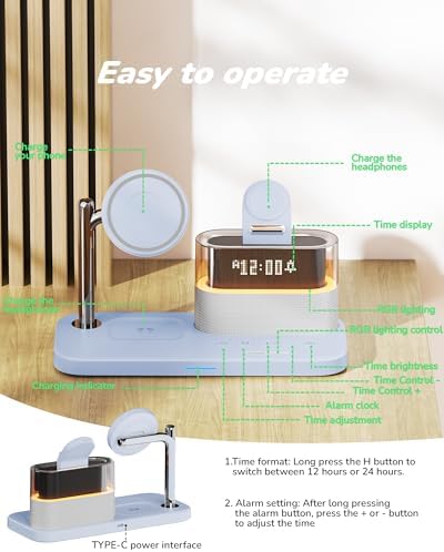 Qi2 Certified 15 W 5-in-1 Mag-Safe Wireless Charging Station with Alarm Clock & Night Light – Stylish Pink Dock for i Phone 16/15/14/13/12 Pro Max, Apple Watch & Air Pods – Fast Charging & Clutter-Free Convenience