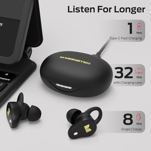 Elevate Your Sound Experience with Monster N-Lite 210 Wireless Earbuds – Cutting-Edge Bluetooth 5.4 Technology, 32-Hour Playtime, and Sweatproof Design for Active Lifestyles – Perfect for Fitness and Daily Use with Integrated Microphone for Clear Calls – Ultra-Durable in-Ear Headphones in Sleek Black Finish