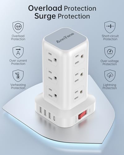 Ultimate Surge Protector Power Strip Tower with 10 FT Cord and 4 USB Ports (1 USB C) – 12 AC Outlets for Home Office and Dorm Room – Space-Saving Design with Enhanced Protection for Your Electronics and Fast Charging Solutions