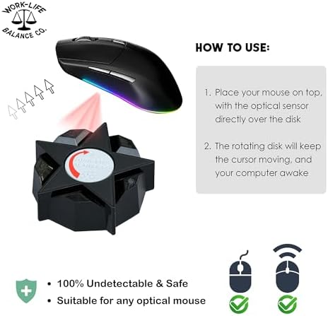 Stay Productive with Our Wireless Mouse Jiggler – No Software, No USB, Just Effortless Motion! Enjoy 12 Months of Battery Life for Seamless Operation – Ideal for Home Office, Long Meetings, and Automated Tasks – Sleek Black Design for Enhanced Compatibility and Efficiency