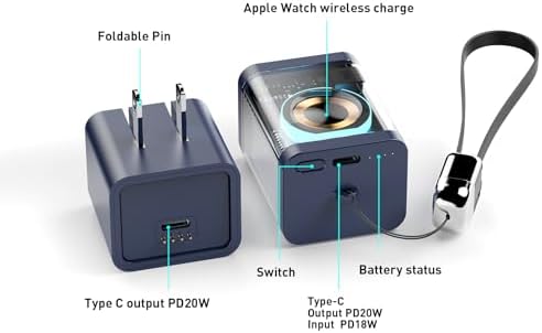 Versatile 5200 m Ah Portable Charger for Smart Watches – 4-in-1 Magnetic Wireless Power Bank with PD 20 W Ga N Fast Charging and Built-in USB-C to Lightning Cable – Ideal Travel Accessory for Smart Devices and On-the-Go Charging