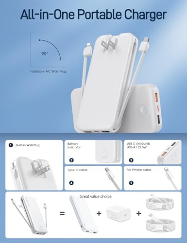 Ultra-Fast Charging Portable Power Bank with Built-In Cable and AC Plug – 12,000 m Ah USB C Travel Charger for i Phone and Android Devices – Lightweight, Compact Design for On-the-Go Power Solutions