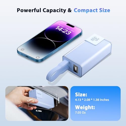 Miady 10000 m Ah Portable Charger with Built-in Foldable Wall Plug – PD 30 W Fast Charging Power Bank with USB-C Cable & LED Display – Lightweight Travel Essential for i Phone & Galaxy Smartphones in Stylish Cream Blue – Ultimate On-the-Go Charging Solution