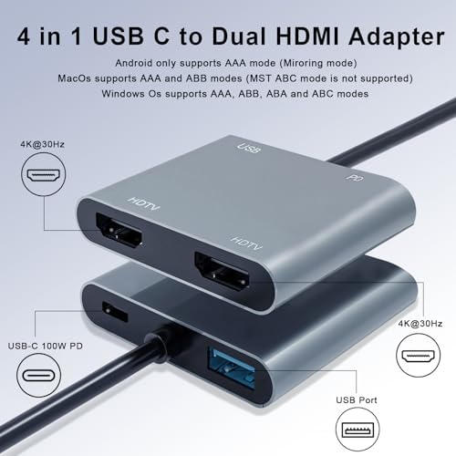 Elevate Your Workflow with the USB C to Dual HDMI Adapter – Ultimate Type C HDMI Splitter for Dual Monitor Setups, Featuring Fast USB 3.0 Hub and 100 W Power Delivery for Mac Book, Dell XPS, HP, Surface & Chromebook – Ideal for Multitasking and Professional Use
