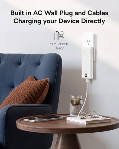 VEGER 10,000 m Ah AC Wall Plug Portable Charger – Ultra-Slim Power Bank with Built-In Cables, 15 W USB-C Fast Charging, Essential Travel Companion for i Phone, Android & More – Effortless Charging Anywhere