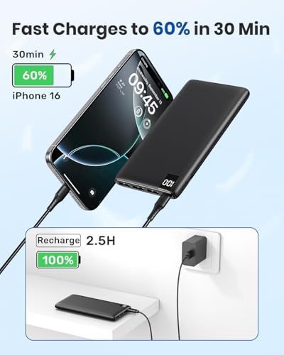 ADDTOP Ultra-Slim 10000 m Ah Fast Charging Portable Power Bank – Lightweight Battery Pack with Dual USB-C & USB-A Ports for i Phone 16/15/14/13/12 and Android Devices – Optimal On-the-Go Charging Companion for Multi-Device Users