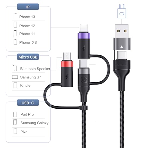 60 W PD USB C Multi-Functional Fast Charging Cable – 5-in-1 Nylon Braided Cord for Universal Compatibility with Laptops, Tablets, and Smartphones (4 FT, Grey) – Rapid Power Delivery with 3 A Fast Sync Technology