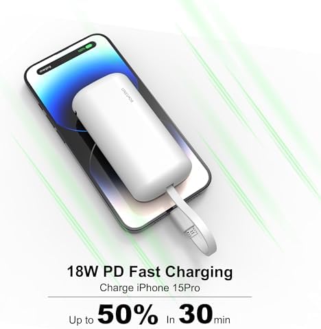 Ultra-Compact 10,000 m Ah Fast Charging Power Bank with Integrated USB-C Cable – Essential Portable Charger for i Phone 15, Samsung Galaxy S23, Note20, and More – LED Display for Easy Battery Monitoring and Enhanced Compatibility