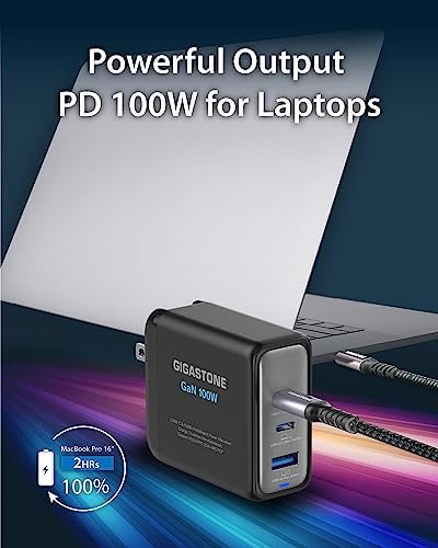 Gigastone 100 W USB-C Ga N Charger: High-Efficiency Travel Power Adapter with Intelligent Power Allocation for Rapid Device Charging – Compatible with Mac Book Pro/Air, Dell XPS, i Pad, i Phone 16/15, Galaxy S24/S23 – Foldable Design for Ultimate Portability and Safety Features