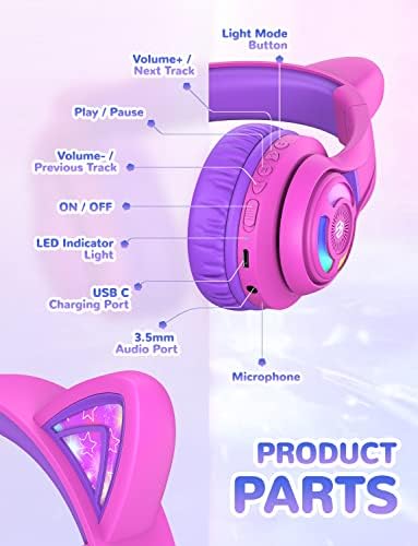 Magical Cat Ear Bluetooth Headphones for Kids – Mesmerizing Gradient Pink with LED Glow, 50-Hour Battery Life, Safe 74/85 d BA Volume Limiting, Superior Bluetooth 5.2 Connectivity & Rapid USB-C Charging for Ultimate Travel Convenience and Enjoyment