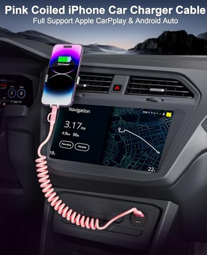 Stylish 2-in-1 Coiled Pink USB-C & Lightning Car Charger – Rapid Charging for i Phone 16/15/14 & Android Devices, Compact Design for Seamless Travel with Apple Car Play & Android Auto Compatibility, Perfect for On-the-Go Power Needs