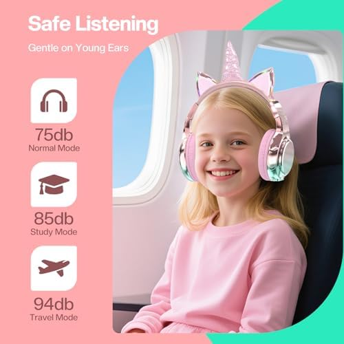 Elevate Your Child’s Listening Experience with Qear Fun Purple Cat Ear Bluetooth Headphones – 60 Hours of Playtime, Safe Volume Control (74/85/94 d B), Ultra-Portable Foldable Design, Advanced Bluetooth 5.3 Connectivity, and Built-in Mic for Girls – Perfect for School, Travel, and On-the-Go Fun