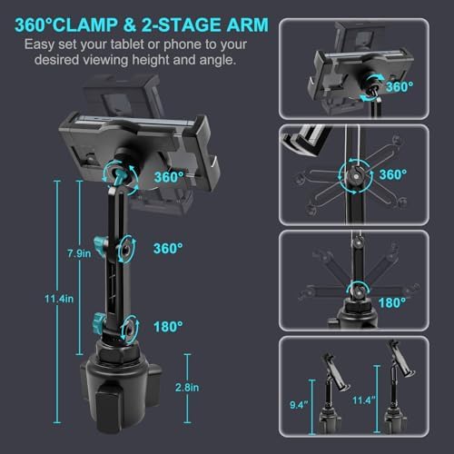Versatile Cup Holder Tablet Mount for Trucks – 360° Rotating 15″ Dual-Arm Stand for i Pad Pro, Samsung Galaxy Tab, and i Phone | Enhanced Stability & Universal Compatibility for Hands-Free Navigation and Entertainment
