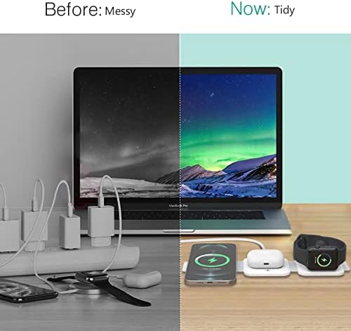 Streamlined Power: ORIA 3-in-1 Foldable Wireless Charger for i OS – Rapid Charging Pad with Status Indicator & Compact Design for i Phone, Apple Watch, and Air Pods in Elegant White Finish