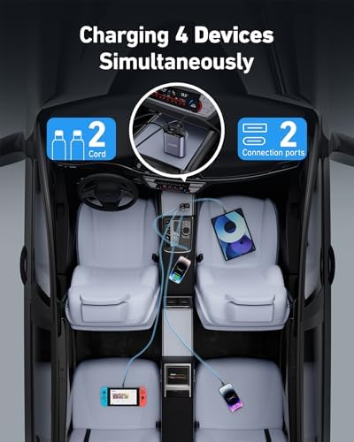 Revolutionize Your Road Trips with the UYOUNG 100 W Retractable Car Charger – 4-in-1 Fast Charging Solution with Dual 31.5-Inch Cables & Dual USB Ports for i Phone 15/14/13/12/11 Pro Max, Samsung, Pixel, and More – Ultimate Compatibility & Speed for Modern Travelers