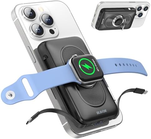 Magnetic Wireless Power Bank for Apple Devices – BLAVOR 10,000 m Ah Portable Charger with Built-in Cables and 20 W Fast Charging, Seamless Compatibility for i Phone 16/15/14/13/12 and Apple Watch, Integrated Stand for Hands-Free Use, Sleek White Design – Ultimate Convenience for On-the-Go Charging