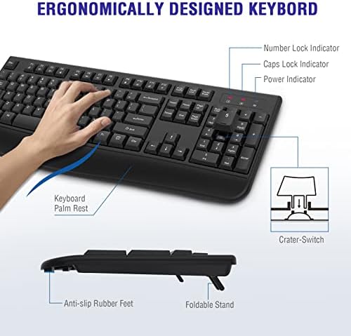 Ergonomic Wireless Keyboard for Ultimate Comfort – 2.4 GHz Full-Sized Design with Cushioned Wrist Rest for Windows & Mac Compatibility – Enhance Your Productivity at Home or Office